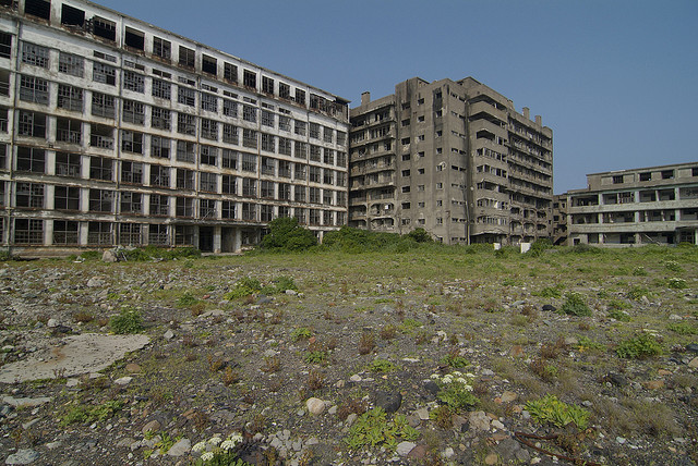 The school and schoolyard at Gunkanjima, some apartments, and the hospital