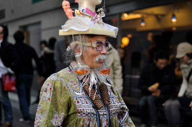 An elderly man in Harajuku (原宿), Tokyo, Japan, wearing very unusual clothes