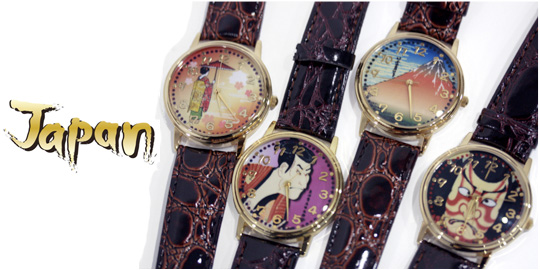 Watches with Mount Fuji, a maiko, a kabuki actor, and a Japanese demon on their faces