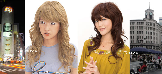 Women’s wigs with styles popular in Tokyo’s Shibuya and Ginza districts