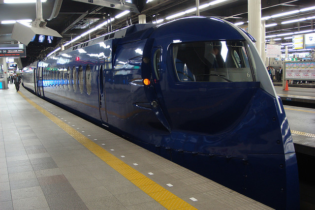 A blue Nankai train at Osaka’s Namba Station