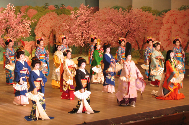 Geisha and maiko on stage, wearing varied kimonos, in front of a backdrop of cherry blossoms