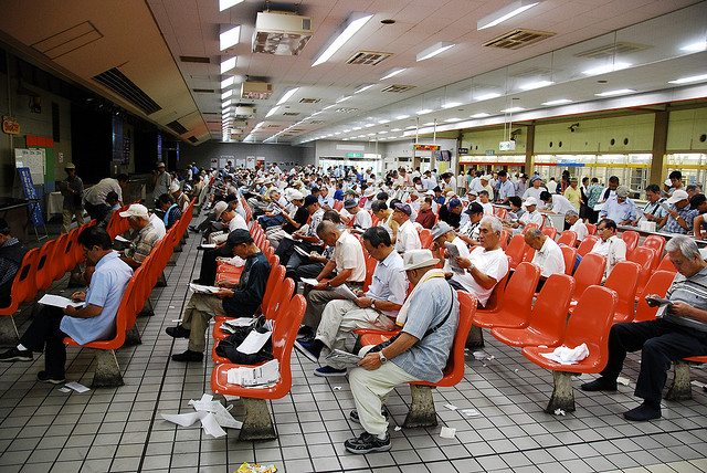 Punters in the betting hall at Omiya Velodrome