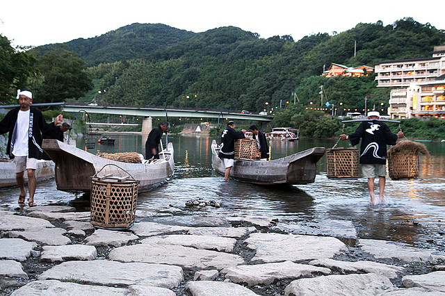 Men loading cormorants onto boats in preparation for fishing in Iwakuni City, Yamaguchi Prefecture