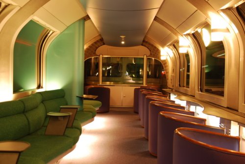 The lounge car on the Cassiopeia, with big viewing windows