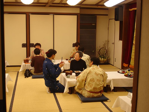 Guests eating dinner in a ryokan